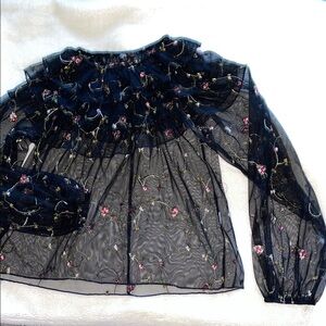 Zara Floral Embroidered Sheer Black Top